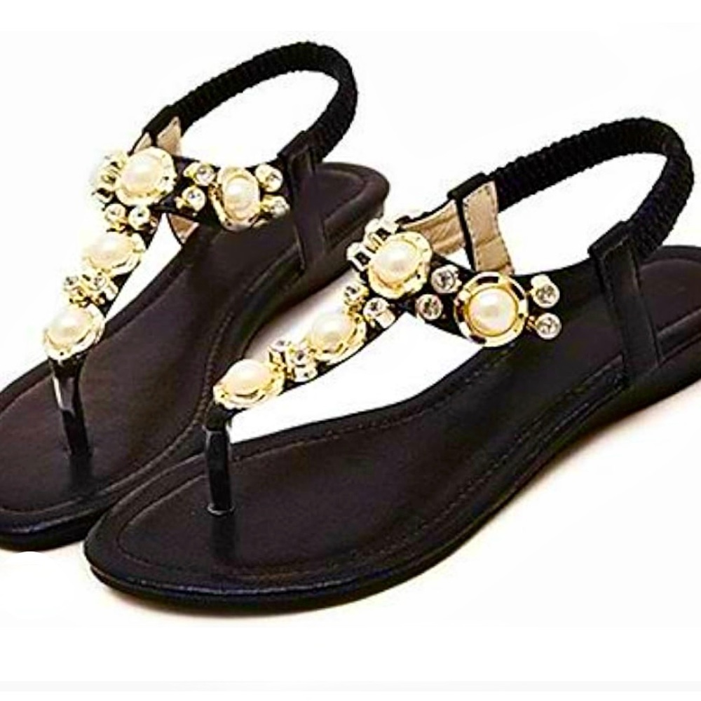 Sassy flirty black flat sandals with pearls
